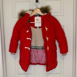 Mini Boden Red Puffer Jacket with Faux Fur Hood